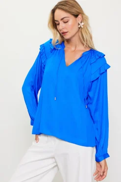 SKIES ARE BLUE Adele Ruffled Split Neck Top* Blouses|Long Sleeve Tops