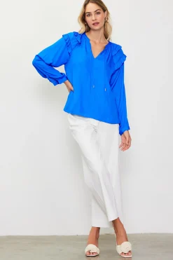 SKIES ARE BLUE Adele Ruffled Split Neck Top* Blouses|Long Sleeve Tops