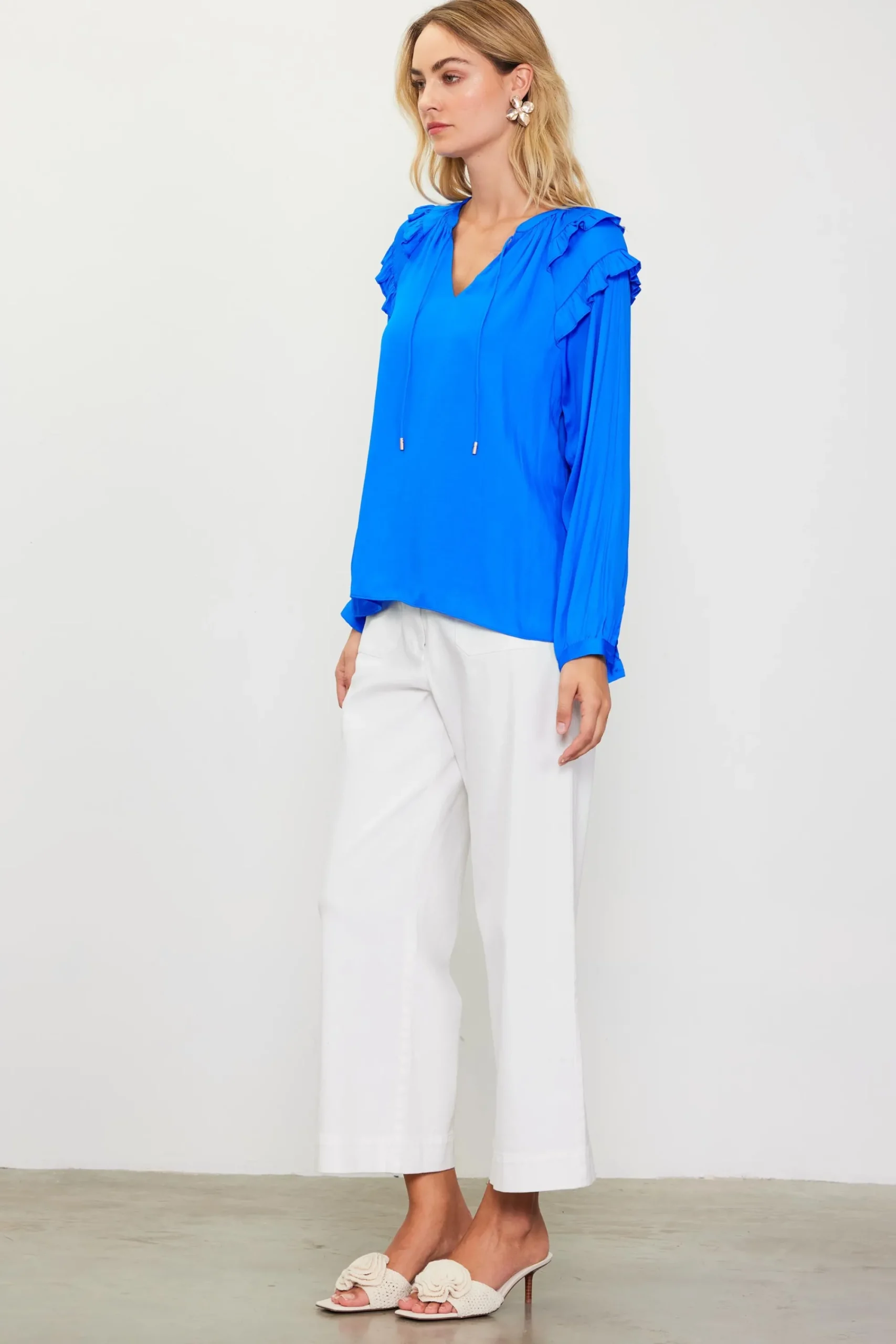 SKIES ARE BLUE Adele Ruffled Split Neck Top* Blouses|Long Sleeve Tops