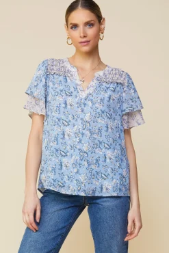 SKIES ARE BLUE Aster Print Ruffled Detail Contrast Top* Short Sleeve Tops