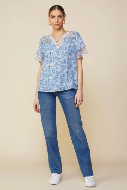 SKIES ARE BLUE Aster Print Ruffled Detail Contrast Top* Short Sleeve Tops
