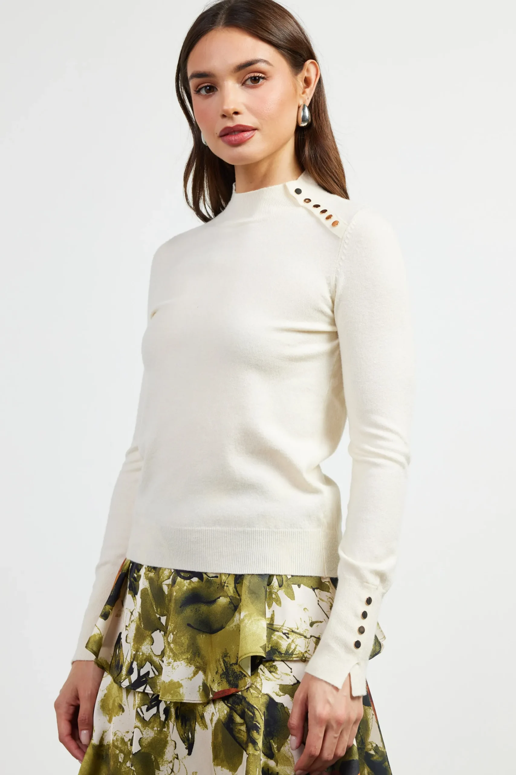 SKIES ARE BLUE Button Detail Mock Neck Sweater* Long Sleeve Tops|Sweaters