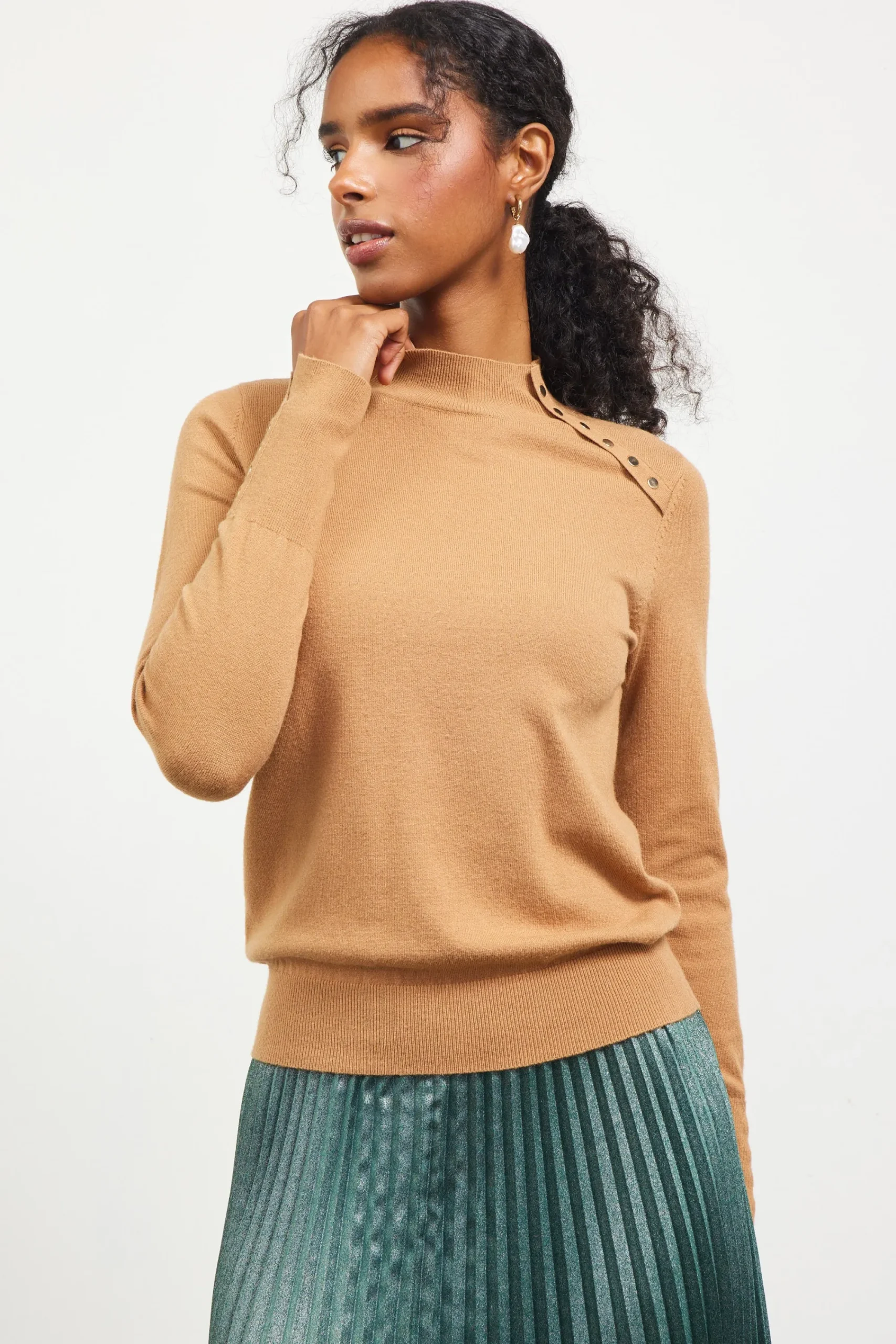 SKIES ARE BLUE Button Detail Mock Neck Sweater* Long Sleeve Tops|Sweaters