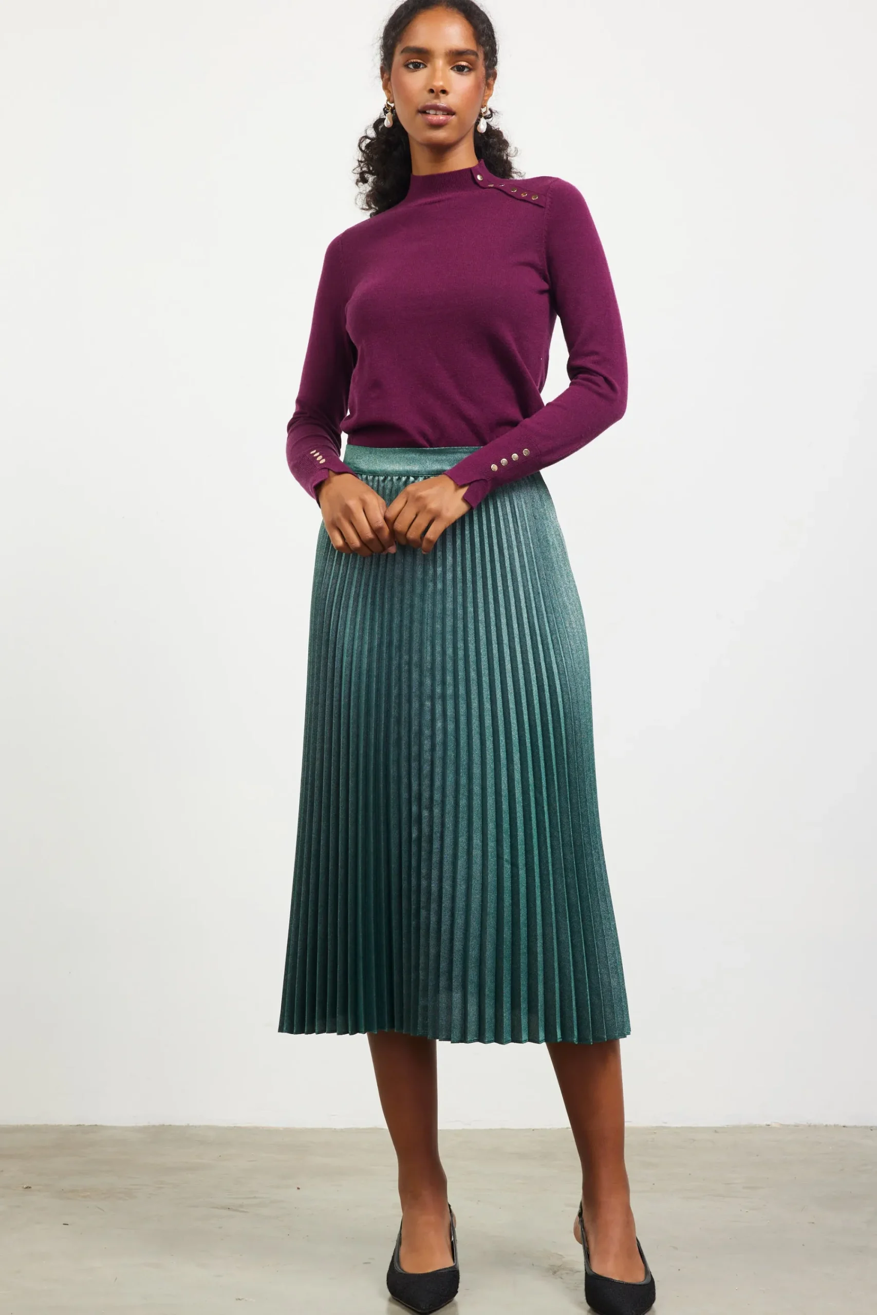 SKIES ARE BLUE Button Detail Mock Neck Sweater* Long Sleeve Tops|Sweaters