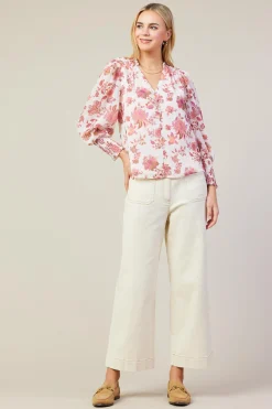 SKIES ARE BLUE Ceres Floral Print Smocked Detail Top* Long Sleeve Tops