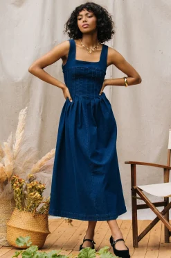 SKIES ARE BLUE Corset Denim Pleated Dress* Maxi Dresses