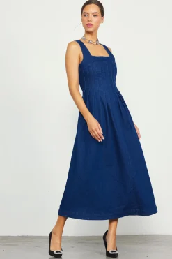 SKIES ARE BLUE Corset Denim Pleated Dress* Maxi Dresses