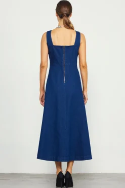 SKIES ARE BLUE Corset Denim Pleated Dress* Maxi Dresses
