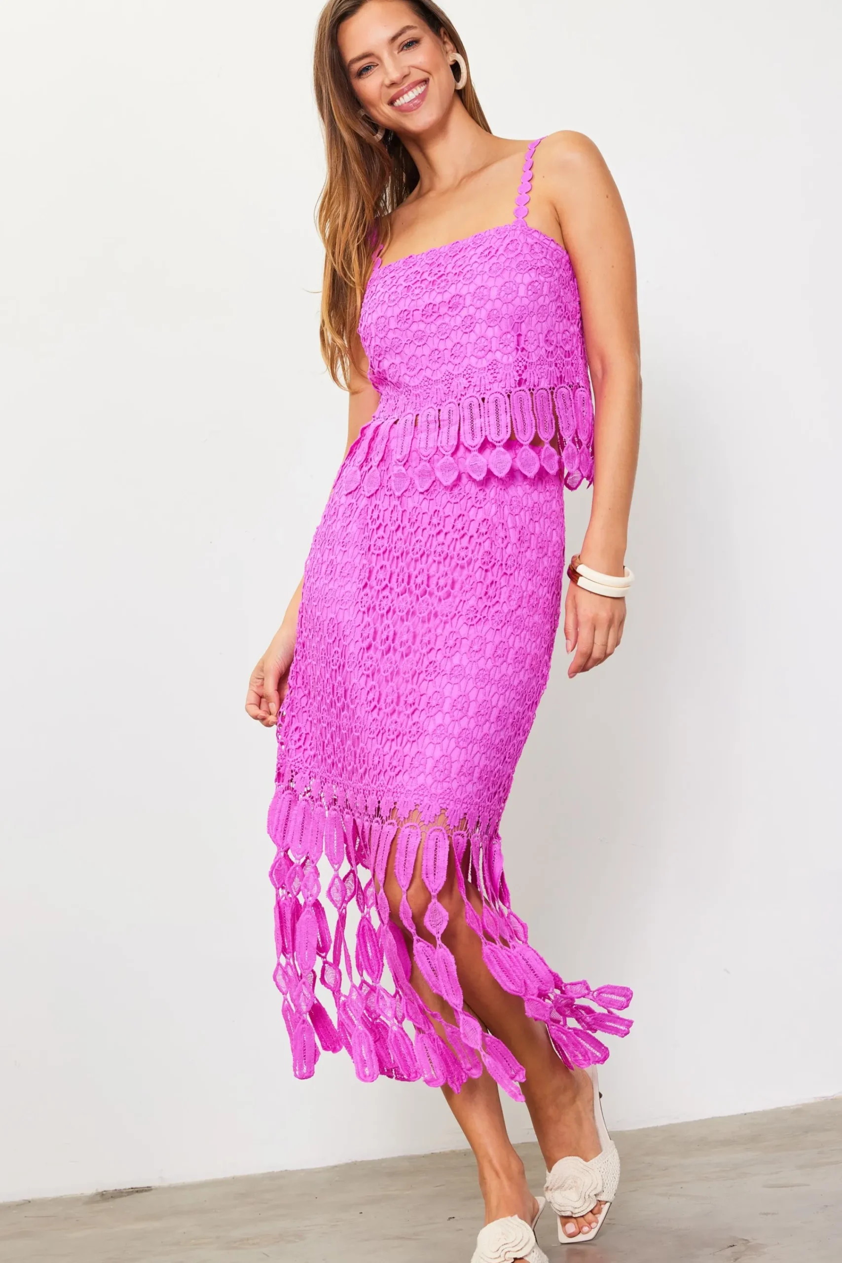 SKIES ARE BLUE Crochet Cami With Fringe Detail* Sleeveless Tops