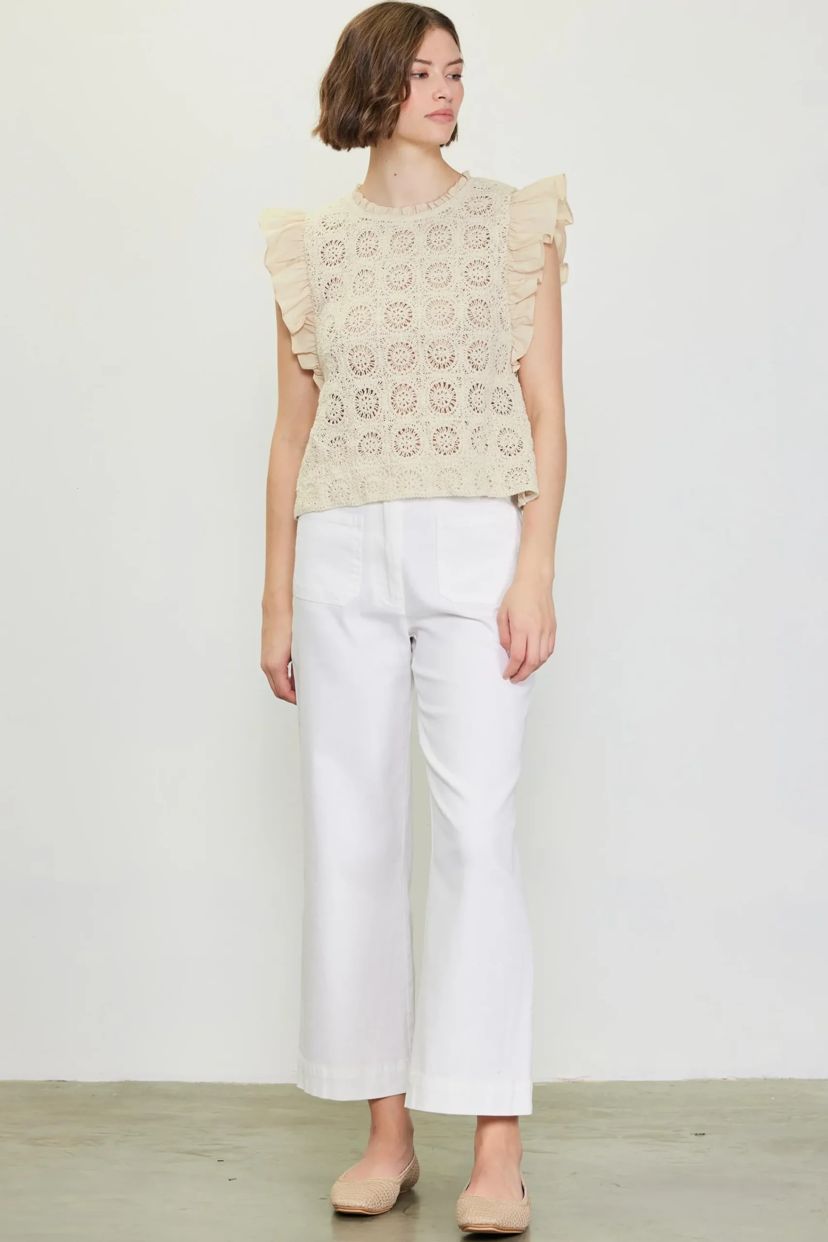 SKIES ARE BLUE Crochet Flutter Sleeve Top* Sleeveless Tops