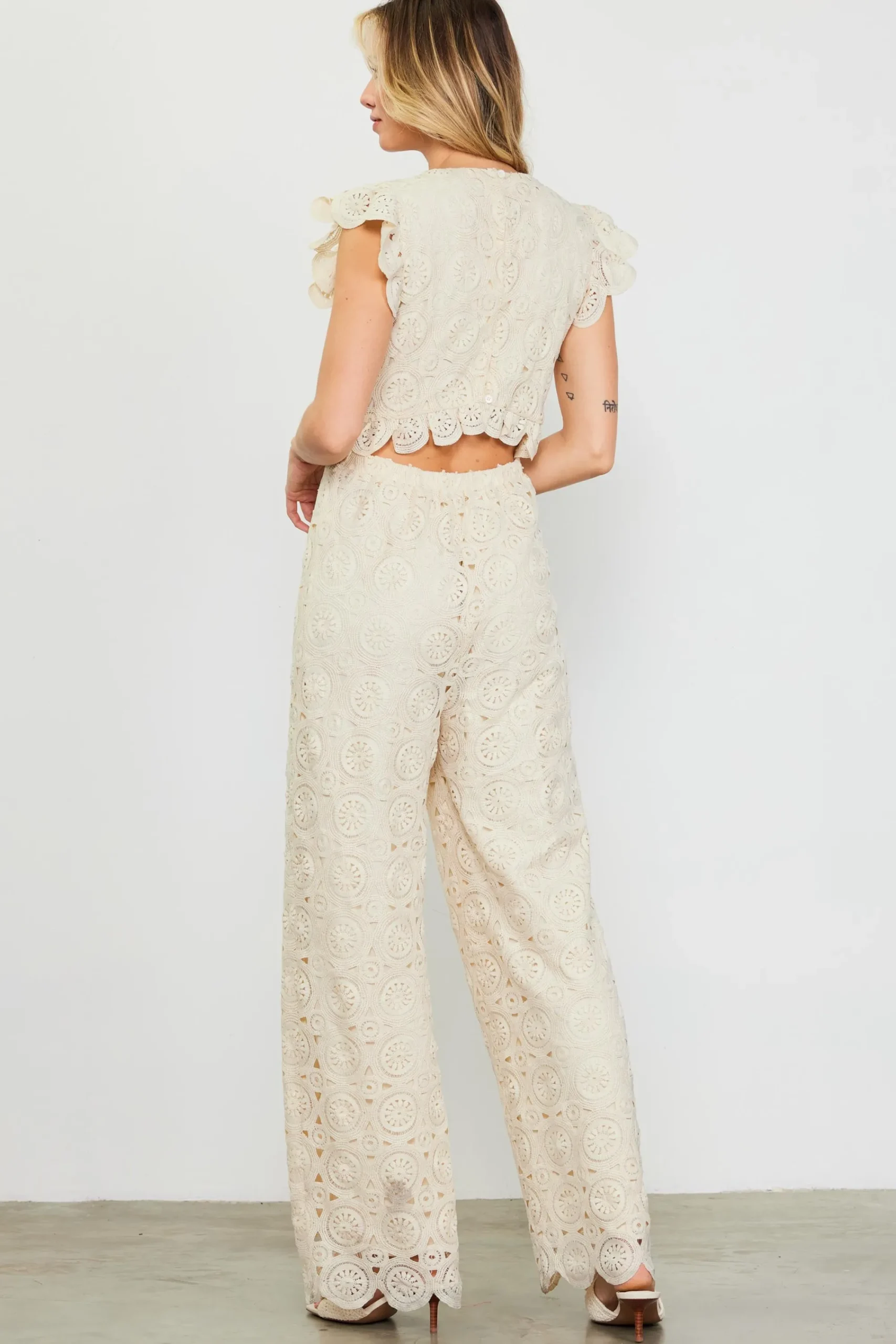 SKIES ARE BLUE Crochet Ruffled Sleeve Jumpsuit* Jumpsuits