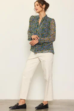 SKIES ARE BLUE Daisy Print Neck Tie Blouse* Blouses|Long Sleeve Tops