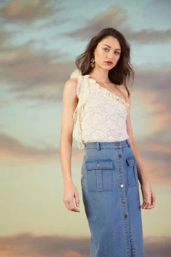 SKIES ARE BLUE Denim Button Down Midi Skirt* Skirts