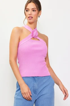 SKIES ARE BLUE Detachable Rosette Knit Halter Top* Sleeveless Tops