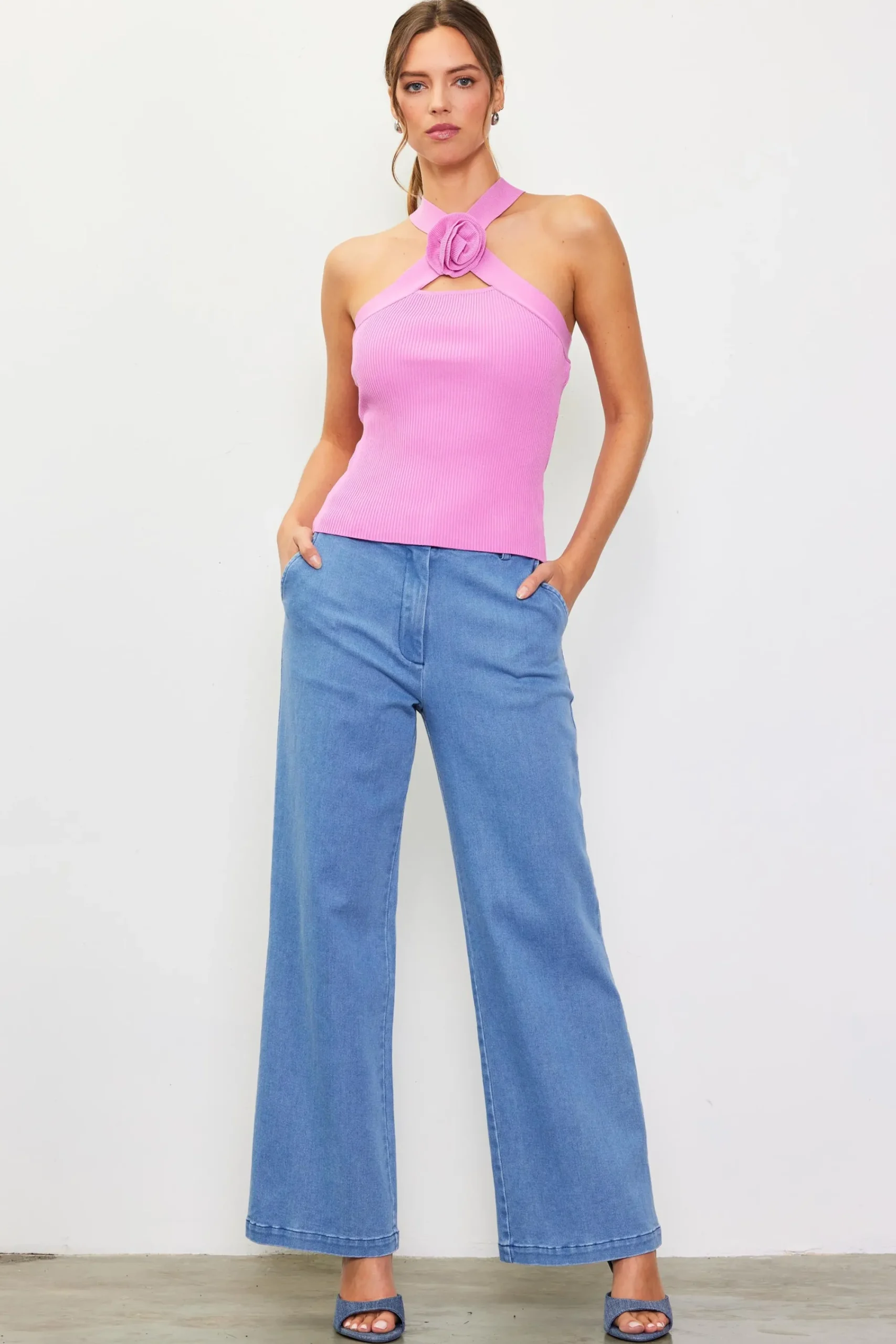 SKIES ARE BLUE Detachable Rosette Knit Halter Top* Sleeveless Tops