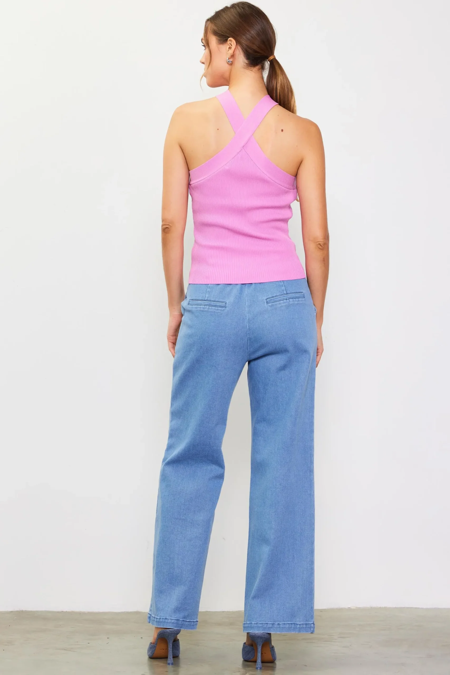 SKIES ARE BLUE Detachable Rosette Knit Halter Top* Sleeveless Tops