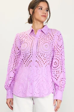 SKIES ARE BLUE Eyelet Buttondown Shirt* Blouses|Long Sleeve Tops