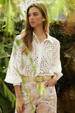 SKIES ARE BLUE Eyelet Buttondown Shirt* Blouses|Long Sleeve Tops