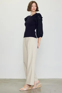 SKIES ARE BLUE Eyelet Ruffle Sleeve Knit Top* Long Sleeve Tops