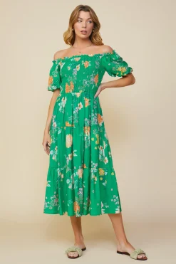 SKIES ARE BLUE Fleur Print Off Shoulder Midi Dress* Midi Dresses
