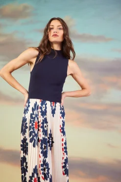 SKIES ARE BLUE Floral Print Mixed Media Dress* Midi Dresses