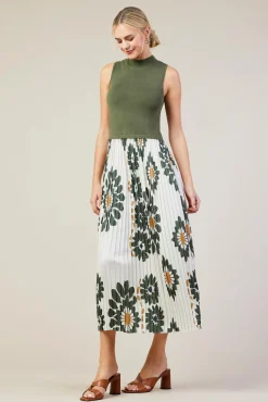 SKIES ARE BLUE Floral Print Mixed Media Dress* Midi Dresses