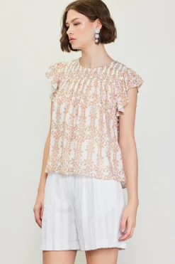 SKIES ARE BLUE Floral Print Smocked Yoke Top* Short Sleeve Tops