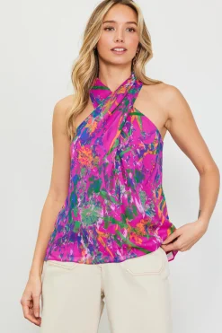 SKIES ARE BLUE Floral Print Twisted Halter Top* Sleeveless Tops