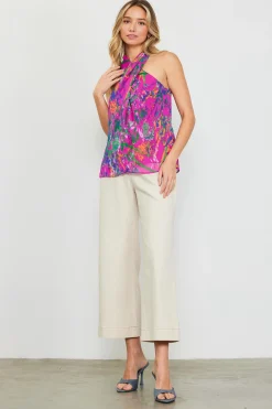 SKIES ARE BLUE Floral Print Twisted Halter Top* Sleeveless Tops