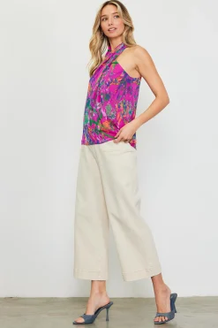 SKIES ARE BLUE Floral Print Twisted Halter Top* Sleeveless Tops