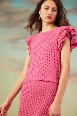 SKIES ARE BLUE Flutter Sleeve Crochet Sweater* Short Sleeve Tops|Sweaters