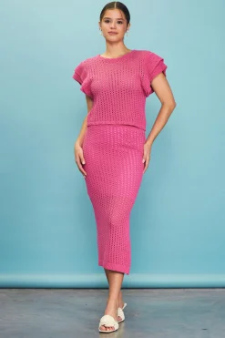 SKIES ARE BLUE Flutter Sleeve Crochet Sweater* Short Sleeve Tops|Sweaters