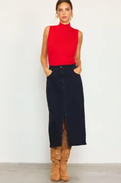 SKIES ARE BLUE Front Slit Maxi Denim Skirt* Skirts