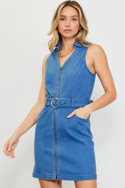 SKIES ARE BLUE Front Zipper Denim Mini Dress With Belt* Mini Dresses