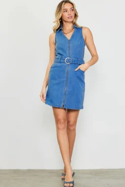 SKIES ARE BLUE Front Zipper Denim Mini Dress With Belt* Mini Dresses