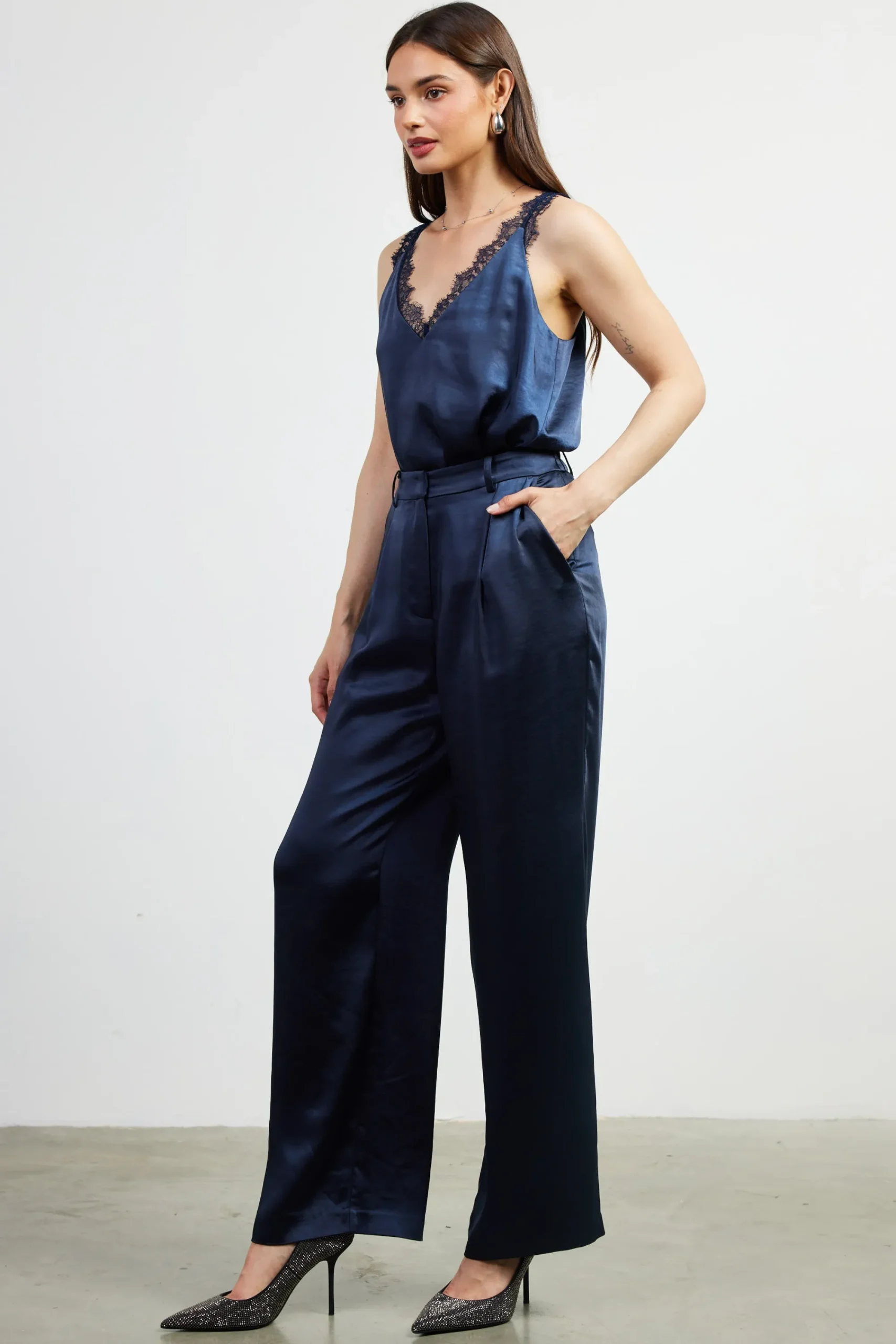 SKIES ARE BLUE High Waisted Satin Straight Leg Pant* Pants