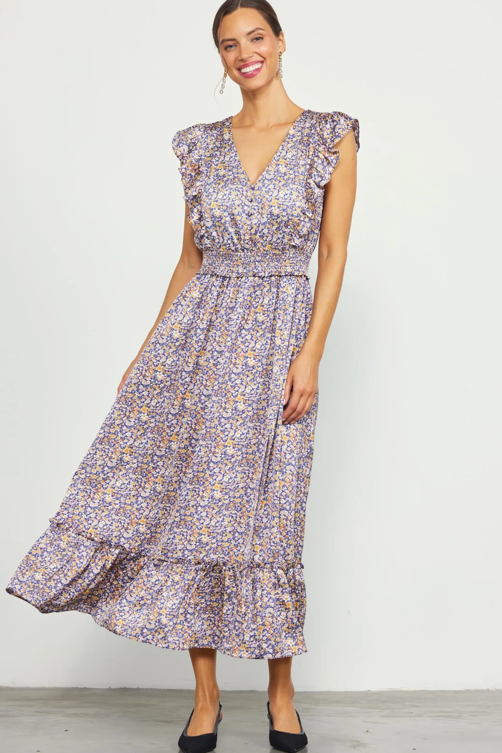 SKIES ARE BLUE Indira Floral Print Smocked Waist Dress* Midi Dresses
