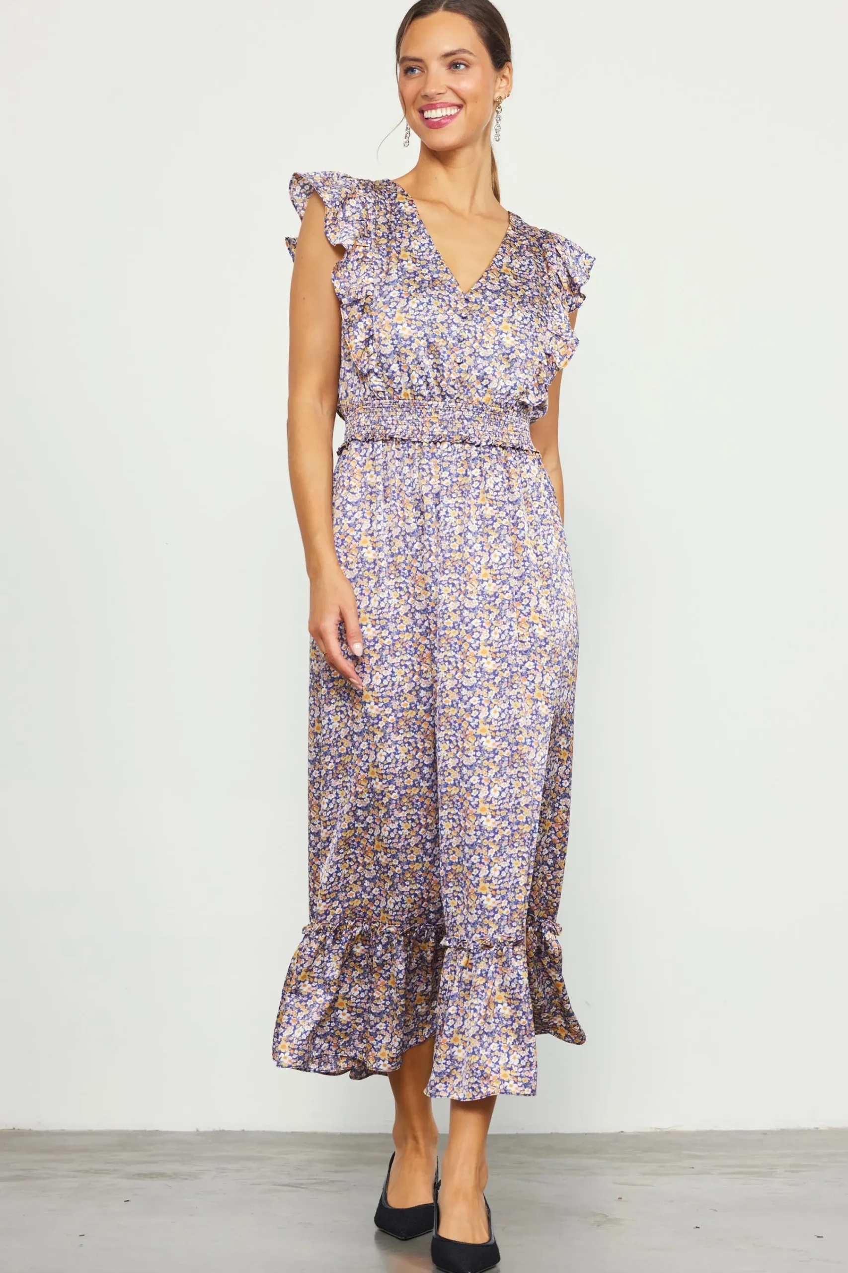 SKIES ARE BLUE Indira Floral Print Smocked Waist Dress* Midi Dresses