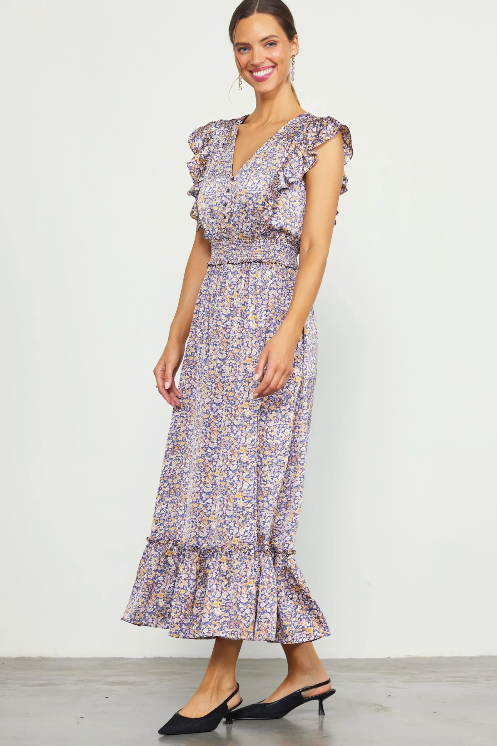 SKIES ARE BLUE Indira Floral Print Smocked Waist Dress* Midi Dresses