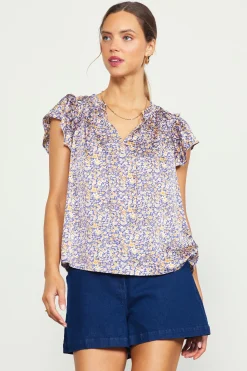 SKIES ARE BLUE Indira Floral Print Split Neck Top* Short Sleeve Tops