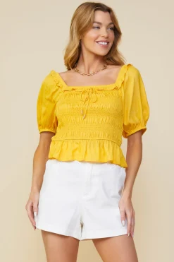 SKIES ARE BLUE Jacquard Satin Smocked Top* Short Sleeve Tops