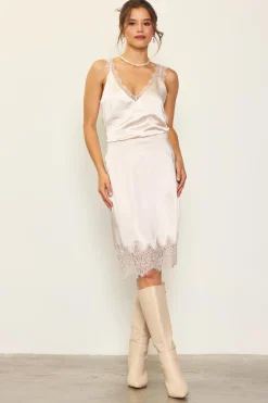 SKIES ARE BLUE Lace Trim Satin Midi Skirt* Skirts