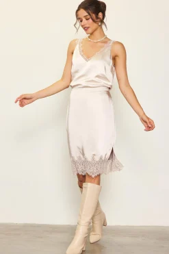 SKIES ARE BLUE Lace Trim Satin Midi Skirt* Skirts