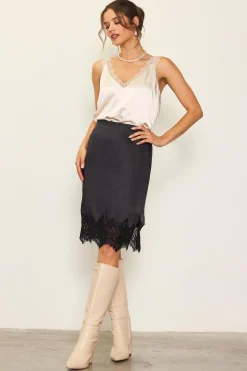 SKIES ARE BLUE Lace Trim Satin Midi Skirt* Skirts