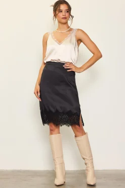 SKIES ARE BLUE Lace Trim Satin Midi Skirt* Skirts