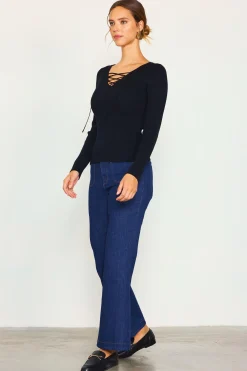 SKIES ARE BLUE Laced Up Long Sleeve Knit Top* Long Sleeve Tops