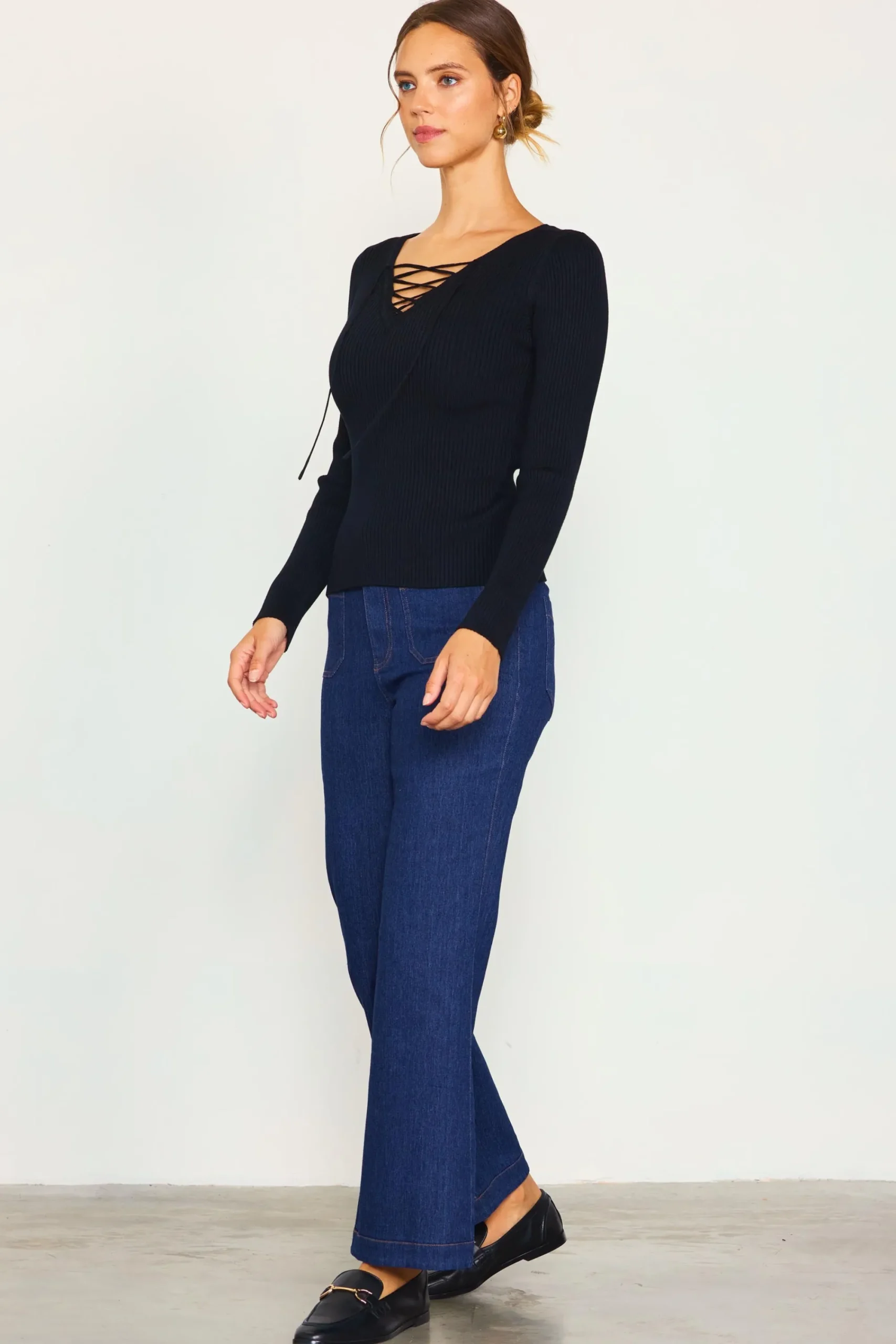 SKIES ARE BLUE Laced Up Long Sleeve Knit Top* Long Sleeve Tops