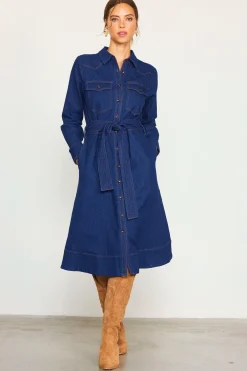 SKIES ARE BLUE Long Sleeve Denim Shirt Dress* Midi Dresses