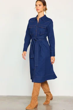SKIES ARE BLUE Long Sleeve Denim Shirt Dress* Midi Dresses