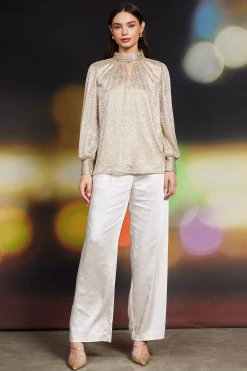 SKIES ARE BLUE Lurex Shirred Mock Neck Top* Long Sleeve Tops